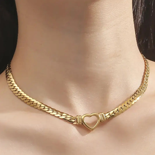 18K Gold Plate Cuban Chain Heart Choker Necklace