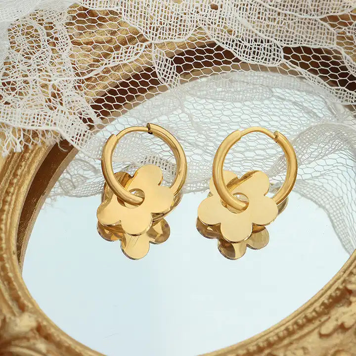 18K Gold Plated Huggie Hoop Flower Charm Geometric Earring