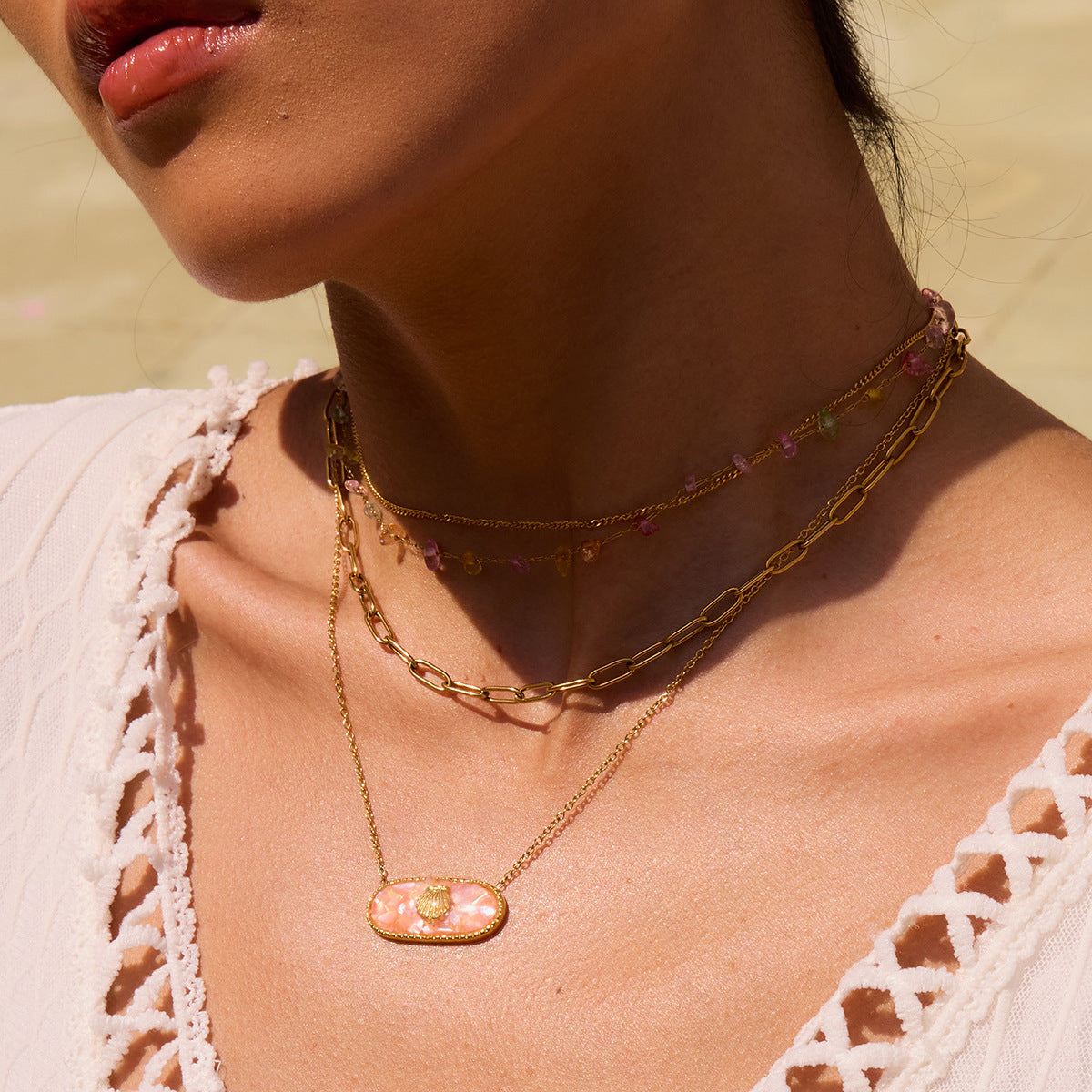 18K Gold Plated Colour Crushed Shell Oval Pendant Necklace