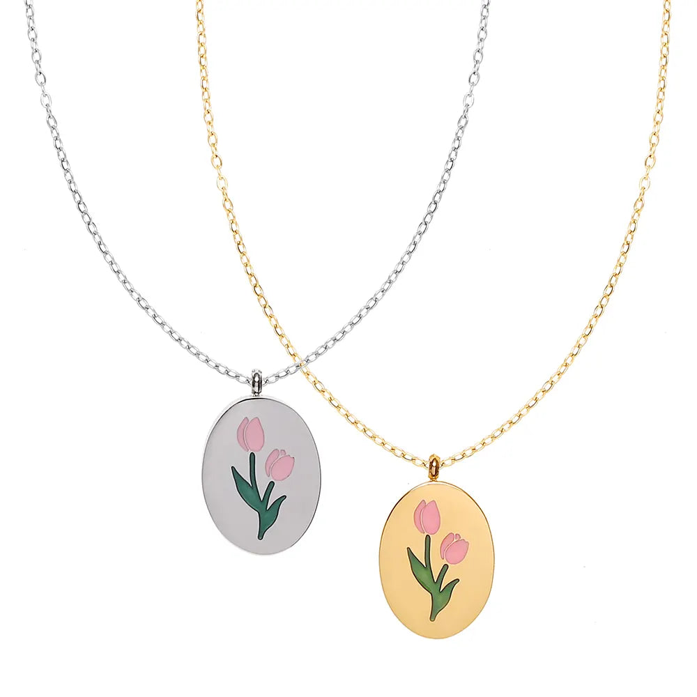 18k Gold Plated Pink Tulip Flower Pendant Necklace