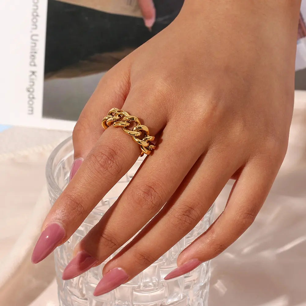 18K Gold Plated Chunky Cuban Chain Ring (Adjustable)