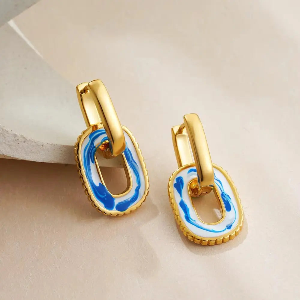 18K Gold Plated Porcelain Pendant Hoop Earring