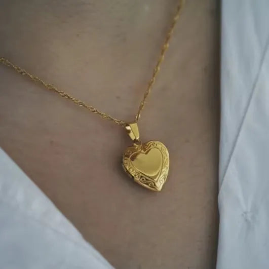 18K Gold Plated Engraved Heart Locket Necklace