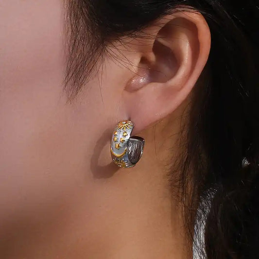 Silver Vintage Moon Sun Star Patterrn Chunky Hoop Earrings