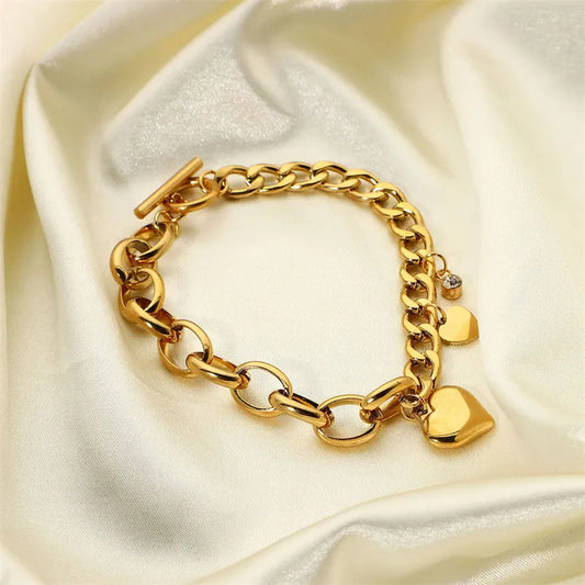 18k Gold Plated Chunky Heart Charm Cuban Bracelet