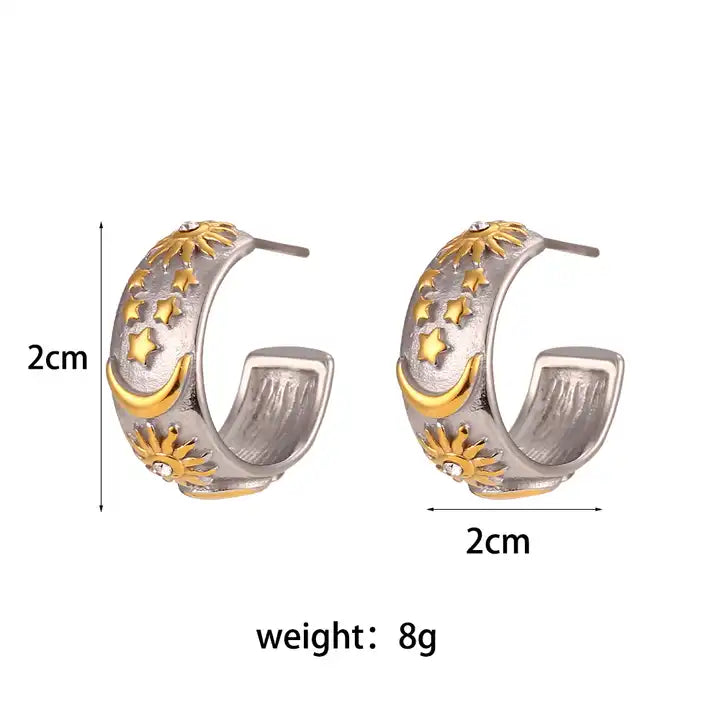 Silver Vintage Moon Sun Star Patterrn Chunky Hoop Earrings