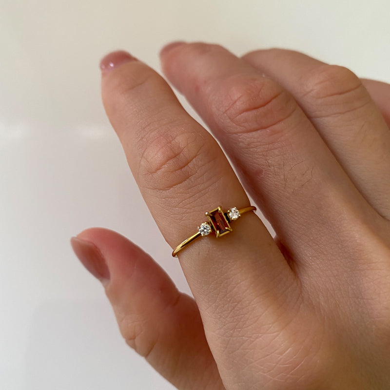 18K Gold Plated Dainty Red Three Stone Ring