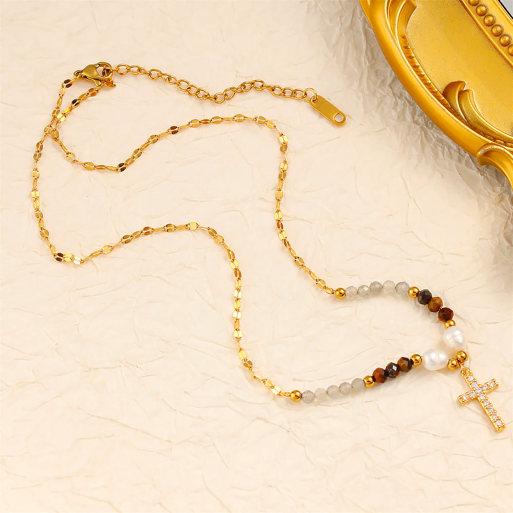 18K Gpld Plated Zirconia Cross Beaded Necklace