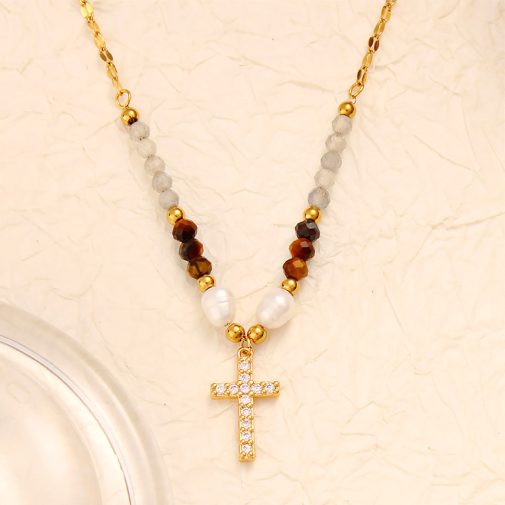 18K Gpld Plated Zirconia Cross Beaded Necklace