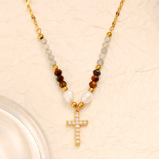 18K Gpld Plated Zirconia Cross Beaded Necklace