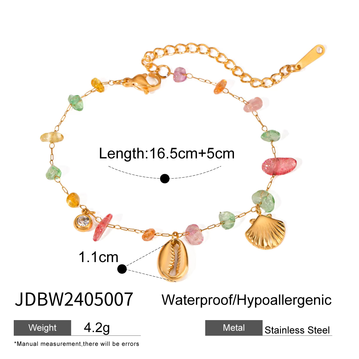 18K Gold Plated Colourful Stone Shell Pendant Bracelet