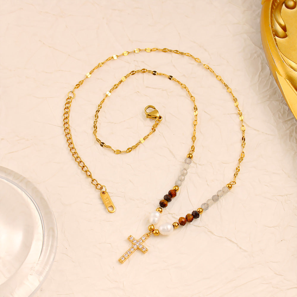 18K Gpld Plated Zirconia Cross Beaded Necklace