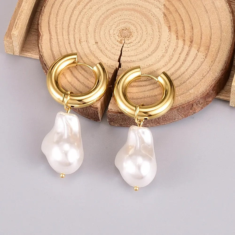 18K Gold Plated THICK HOOP Pearl Earring