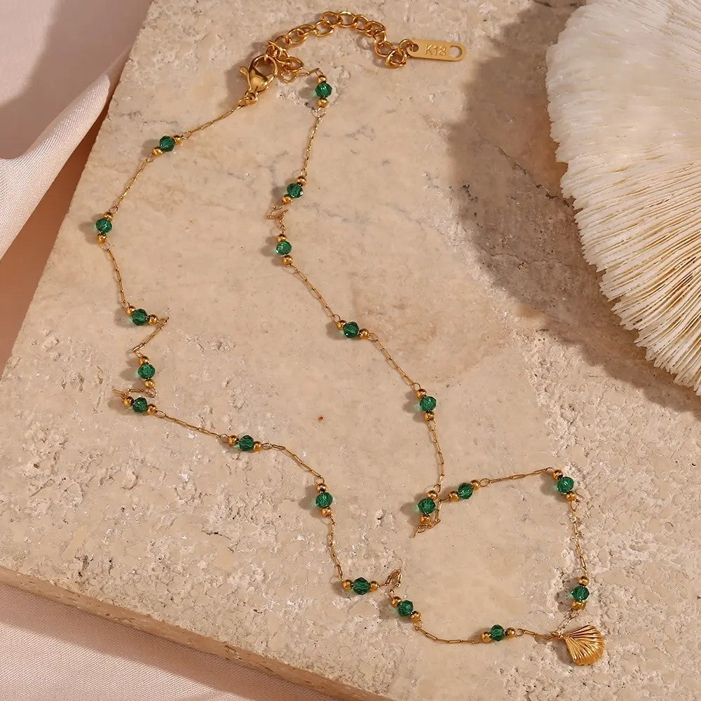 18K Gold Plated Green Bead Necklace