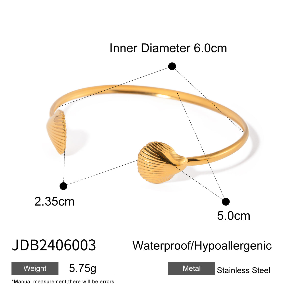 18K Gold Plated Scallop Shell Cuff Bangle