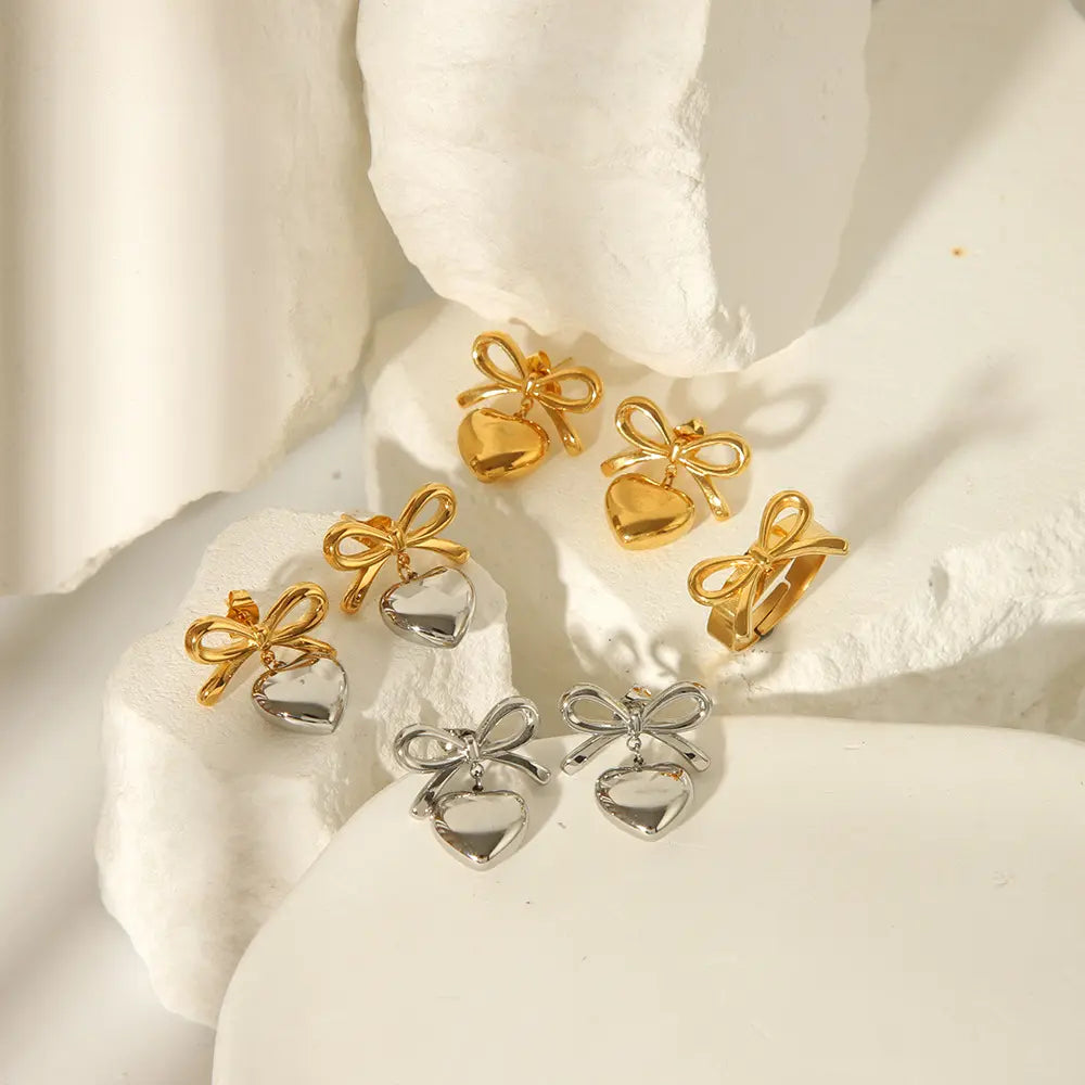 18K God Plated Heart-Bow Drop Earring