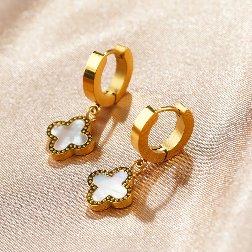 18k Gold Plated Clover Shell Charm Earring
