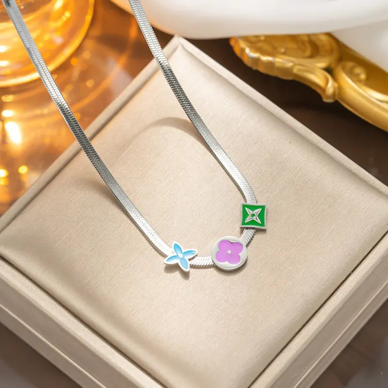 18K Gold Plate Flat Snake 3-Charm Necklace