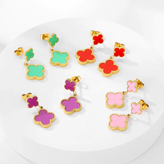 18K Gold Plated Double Four-Leaf Pendant Earring