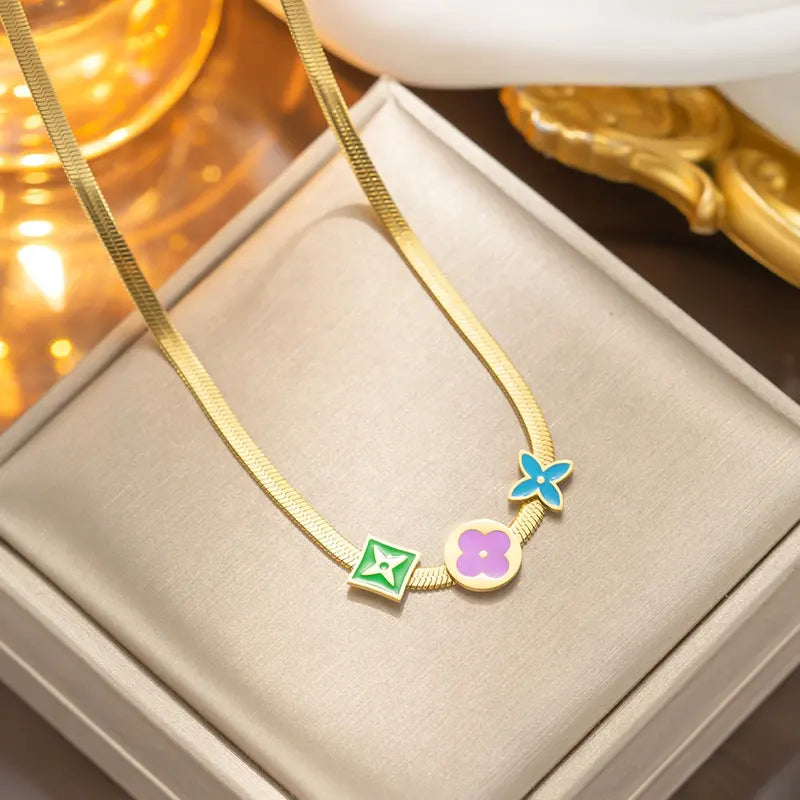 18K Gold Plate Flat Snake 3-Charm Necklace