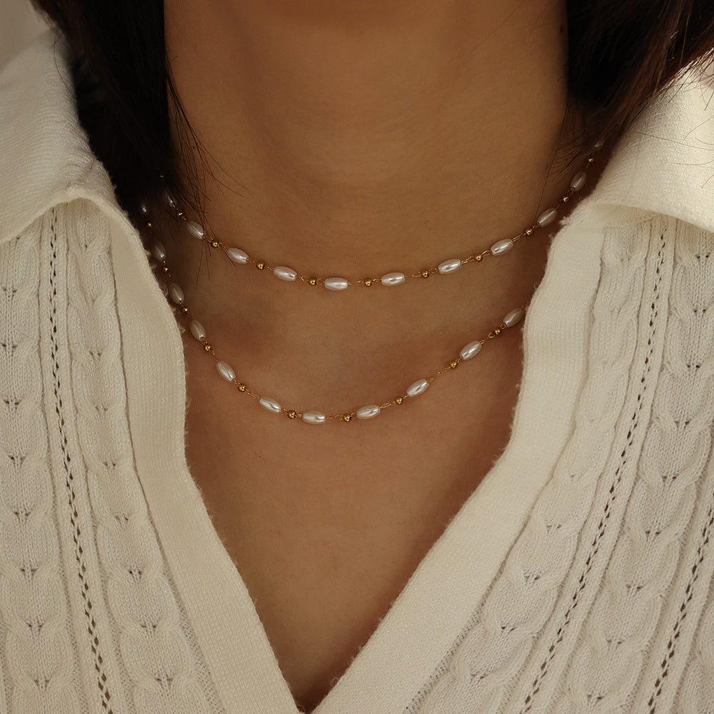 18K Gold Plated Oval Pearl Beaded Necklace