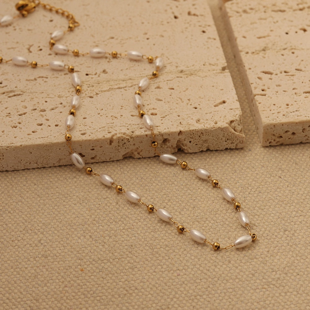 18K Gold Plated Oval Pearl Beaded Necklace