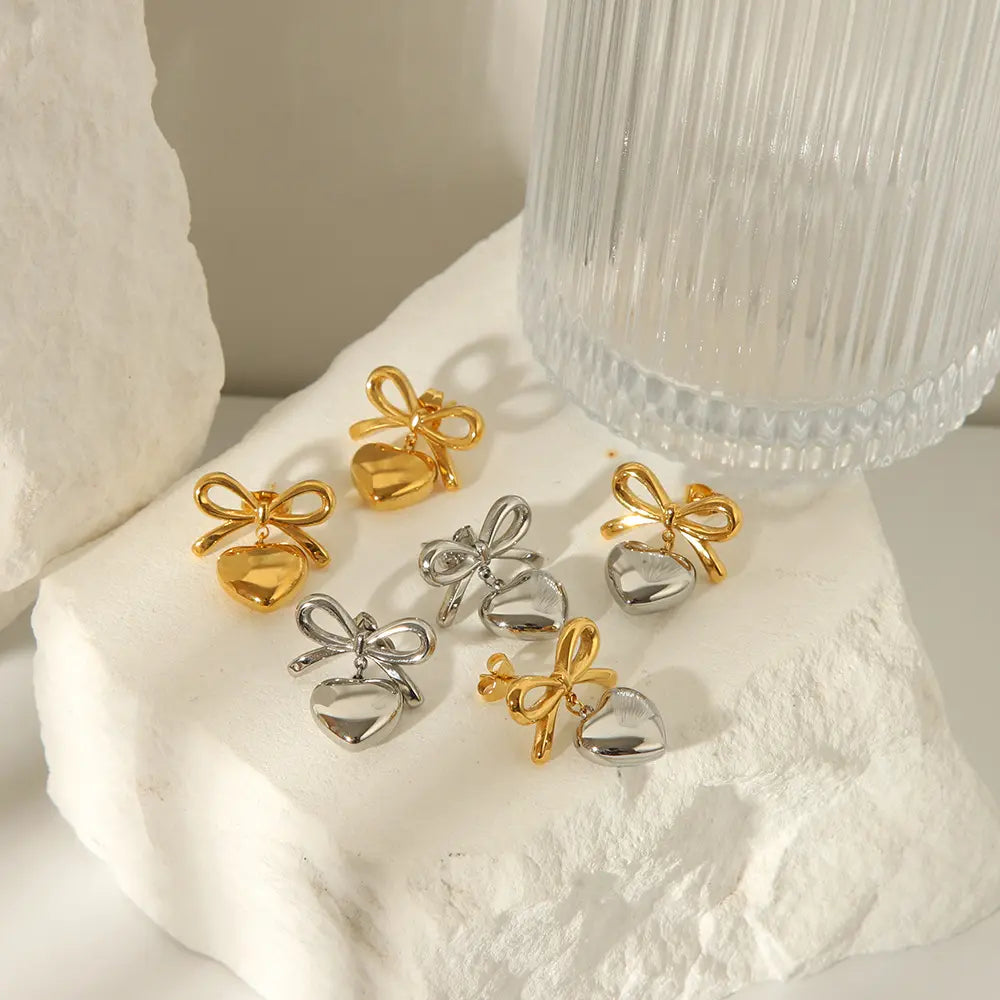 18K God Plated Heart-Bow Drop Earring