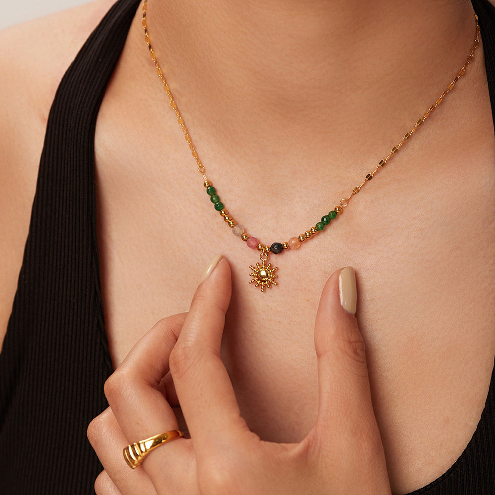 18K Gold Plated Natural Stone Bead Sun Necklace