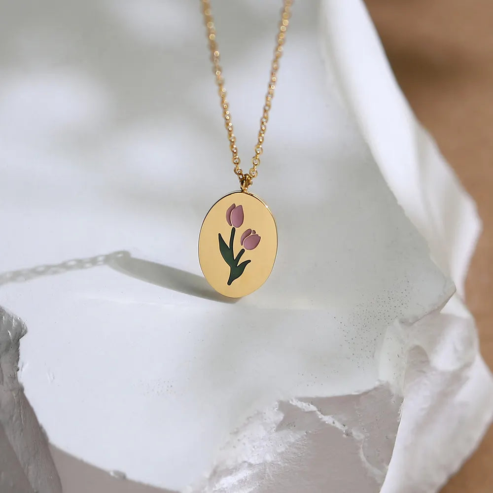 18k Gold Plated Pink Tulip Flower Pendant Necklace