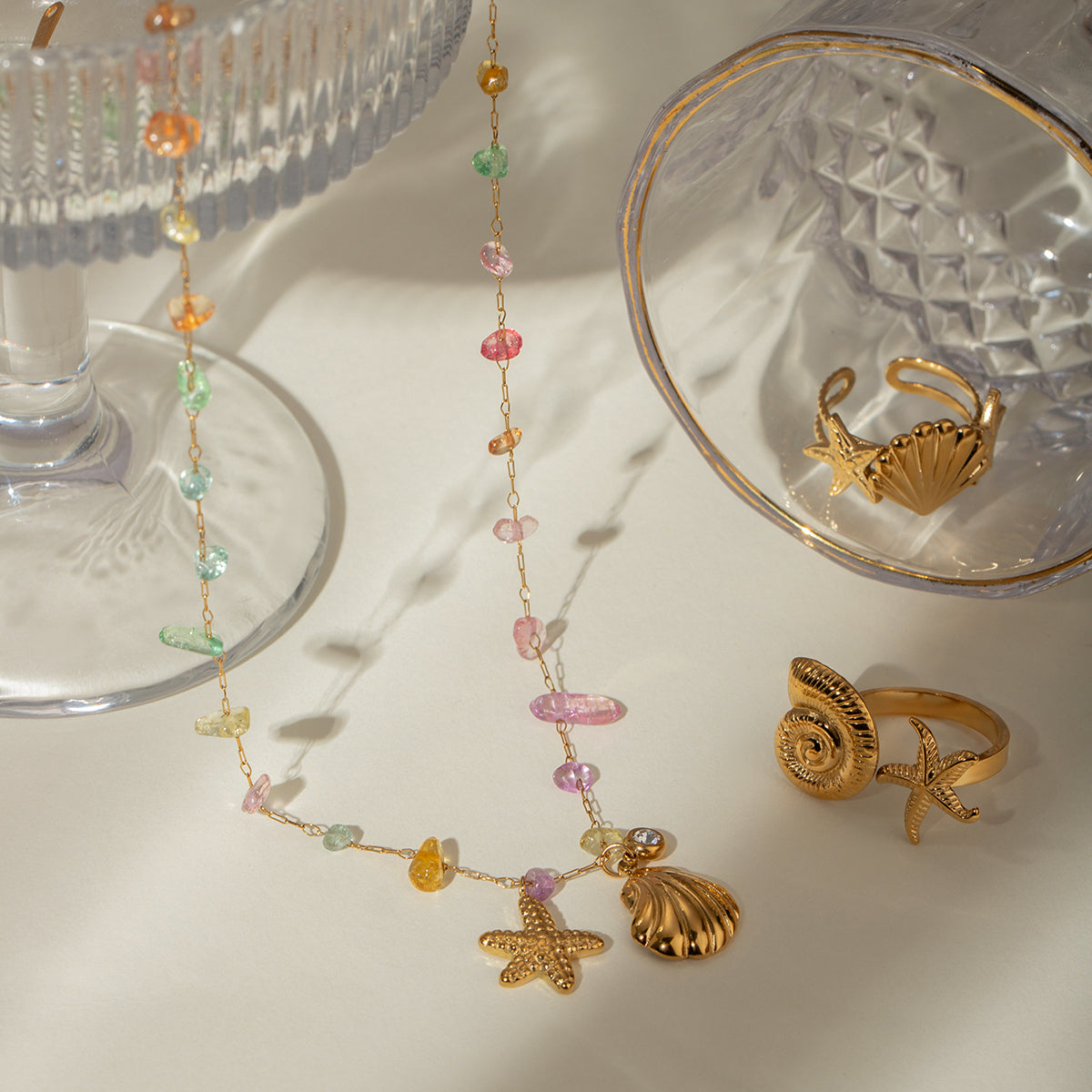18K Gold Plated Colour Crystal Shell-Starfish Neckace