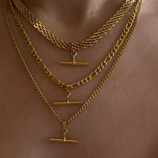18K Gold Plated T-Bar Pendants Necklaces
