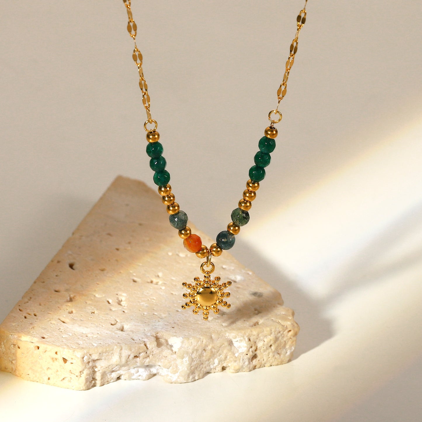 18K Gold Plated Natural Stone Bead Sun Necklace
